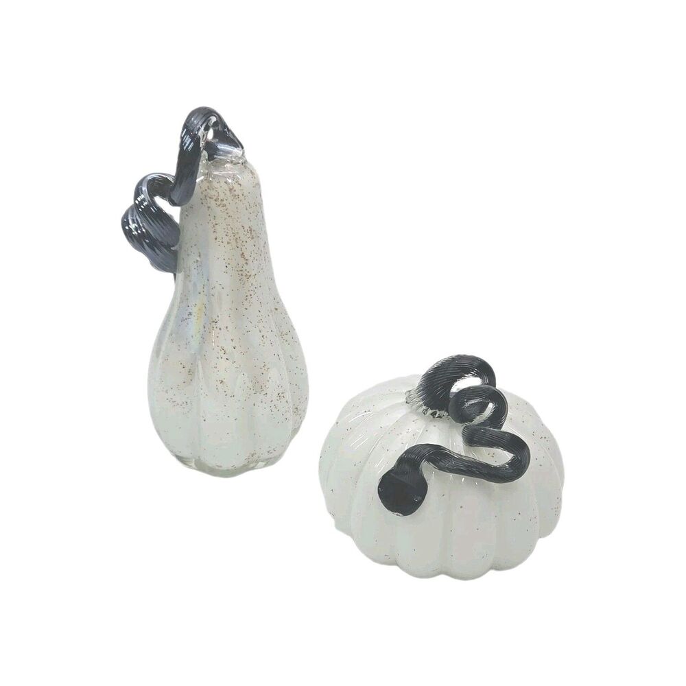Blown Glass Gourd Pumpkin Set of Two Black White Fall Halloween Modern Heavy